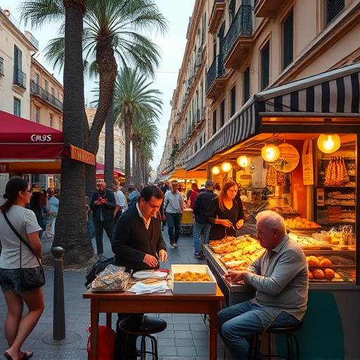 Calles estrechas del Barrio de Santa Cruz en Sevilla con un plato de pesca&iacute;to frito en primer plano.
