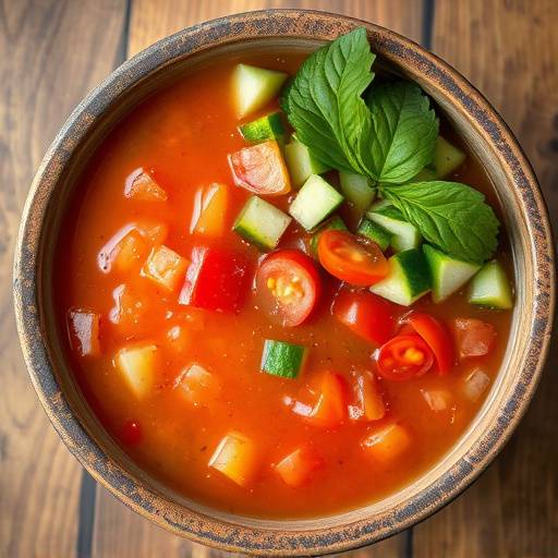 Gazpacho andaluz fresco servido en un taz&oacute;n, decorado con pepino, tomate y pimiento picados.