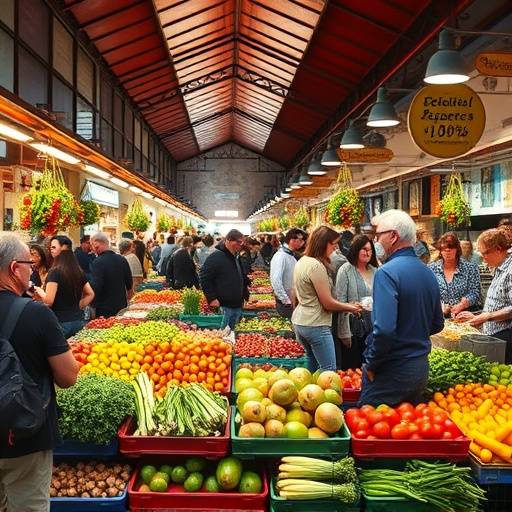 Imagen de un mercado en Barcelona, con personas comprando y vendiendo productos frescos, como frutas, verduras y mariscos.