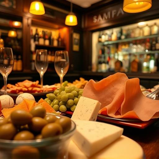 Mesa de tapas variadas en un bar en Madrid, incluyendo aceitunas, jam&oacute;n y queso.