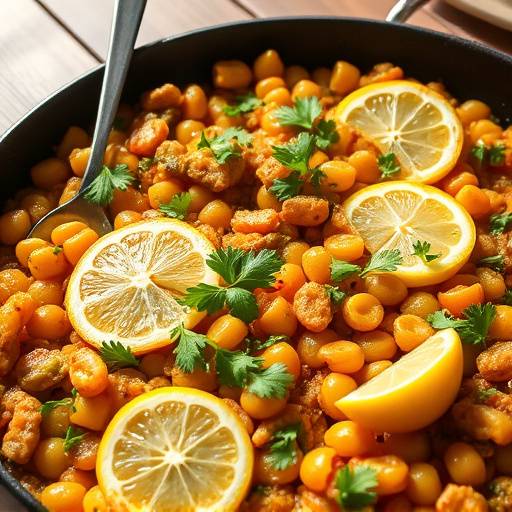 Paella valenciana servida en una paellera tradicional, adornada con lim&oacute;n y perejil fresco.