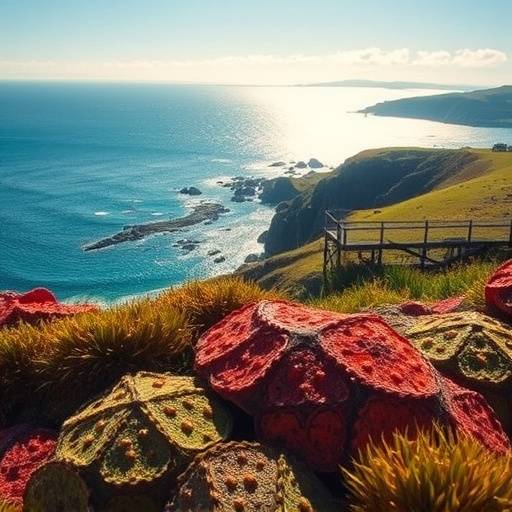 Paisaje de la costa gallega con un plato de pulpo a la gallega en primer plano.