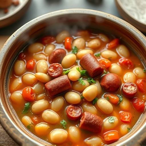 Un cuenco humeante de fabada asturiana con alubias blancas, chorizo y morcilla.