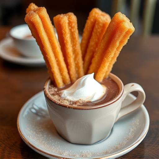 Un plato de churros crujientes servidos con una taza de chocolate caliente espeso.