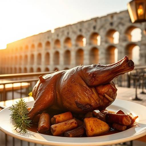 Un plato de cochinillo asado servido en un restaurante tradicional en Segovia, con la muralla romana de fondo.