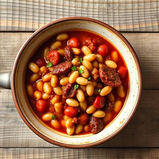 Un plato de fabada asturiana, mostrando las alubias blancas, el chorizo y la morcilla, sobre una mesa de madera r&uuml;stica.