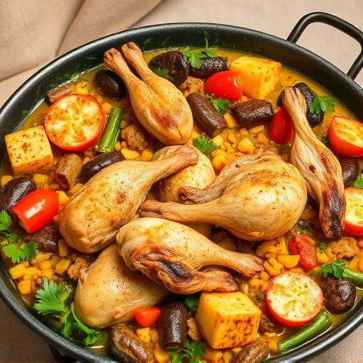 Un plato de paella valenciana tradicional con pollo, conejo y verduras.