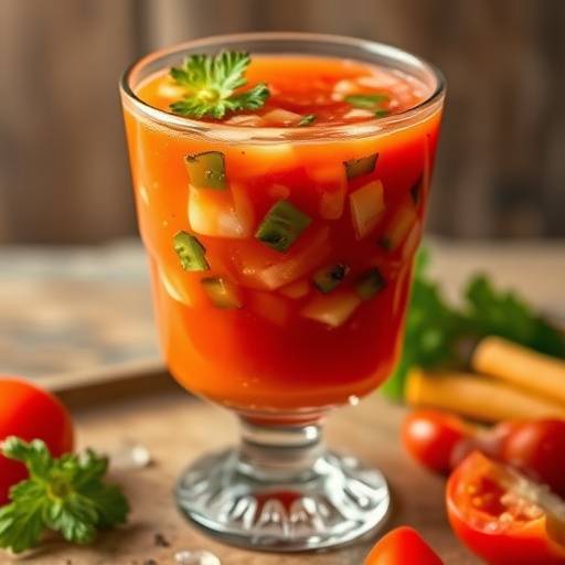 Un vaso de gazpacho andaluz adornado con verduras picadas.