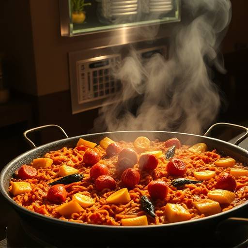 Una paella valenciana humeante servida en una paellera tradicional.